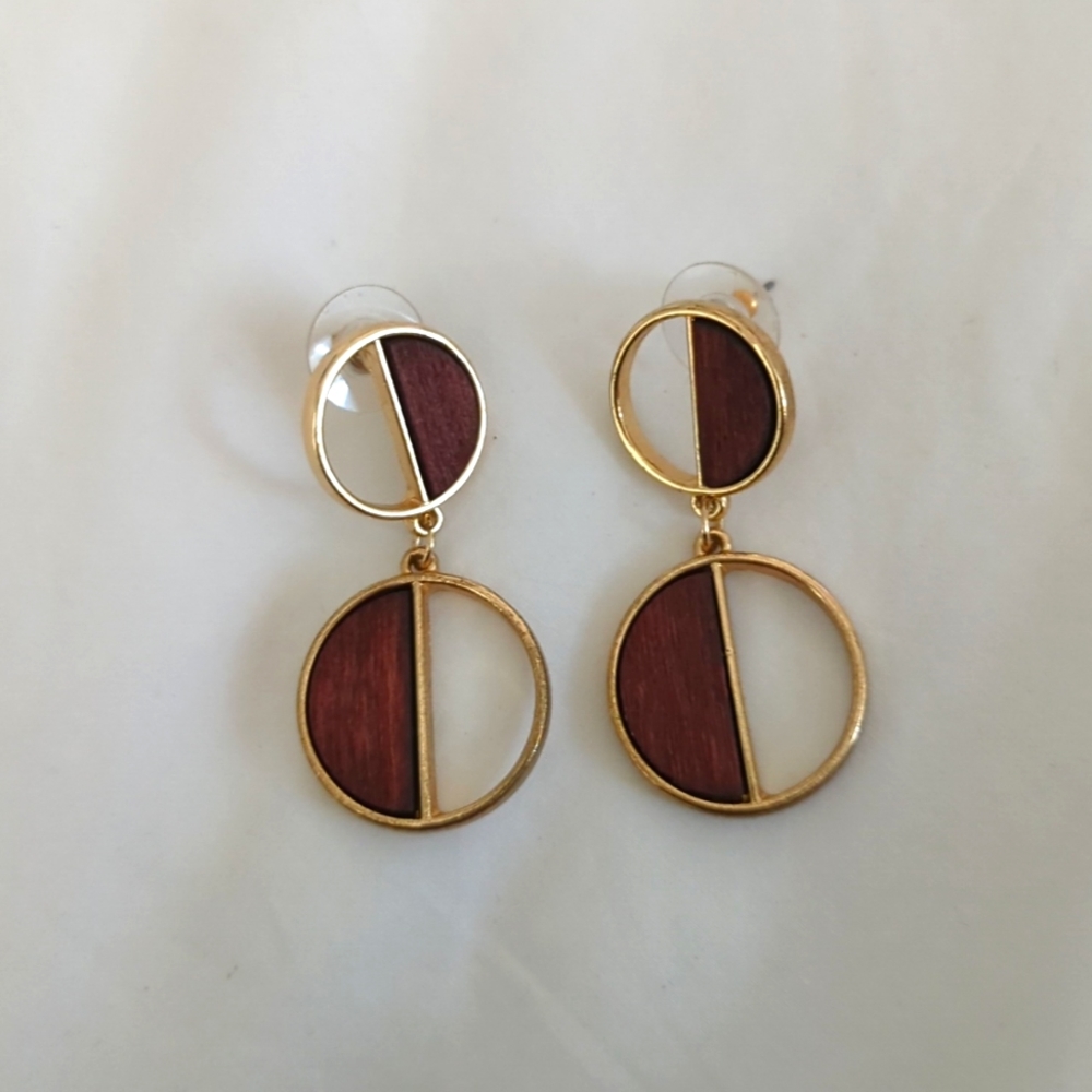 Wood and Gold Tone Earrings